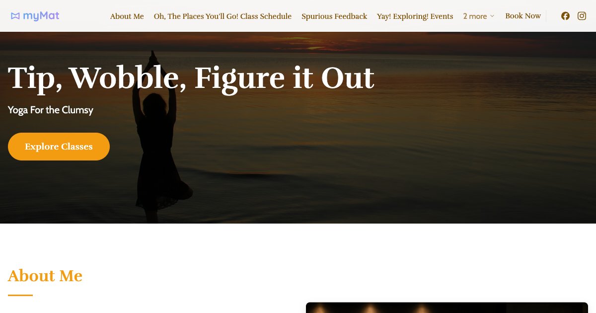 The Clumsy Yoga homepage, with the headline "Tip, Wobble, Figure it Out" over a sunset photo of a woman balancing on one leg by the water