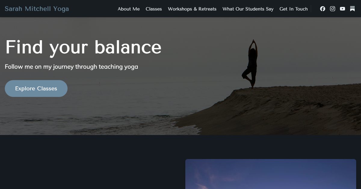 The Sarah Mitchell Yoga homepage, with the headline "Find your balance" over a misty photo of a woman in tree pose on a beach