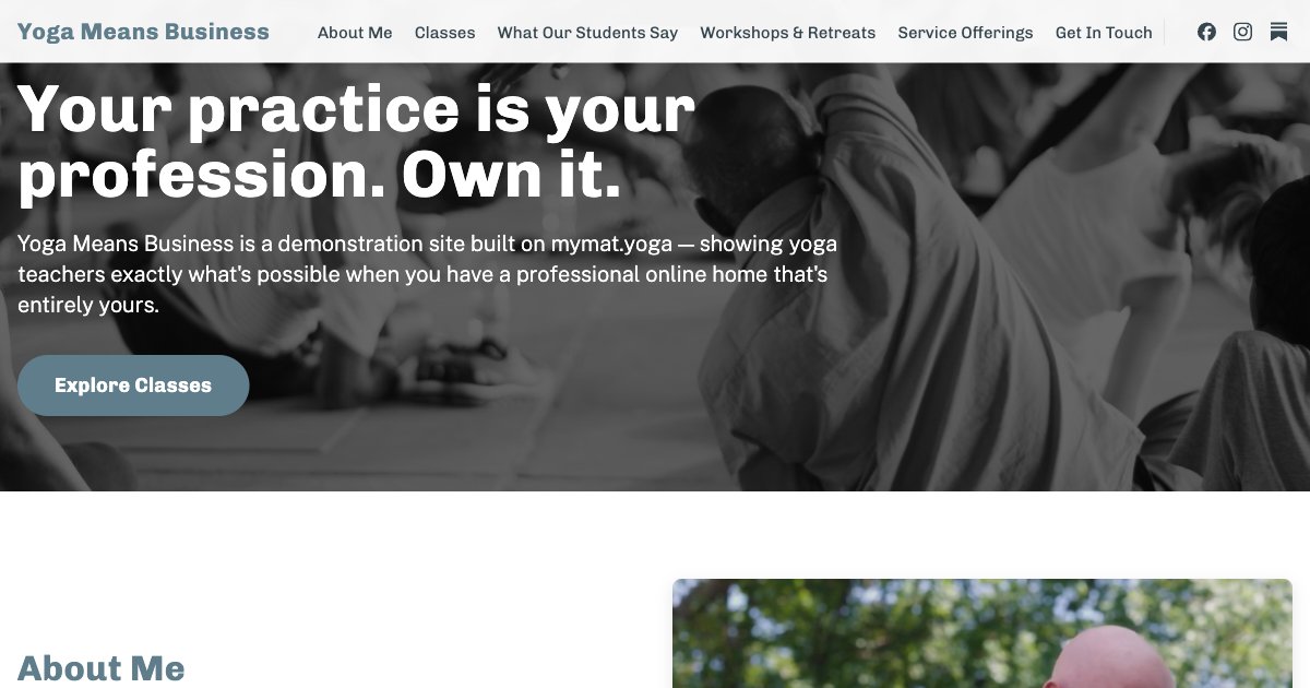 The Yoga Means Business homepage, with the headline "Your practice is your profession. Own it." over a photo of a group class
